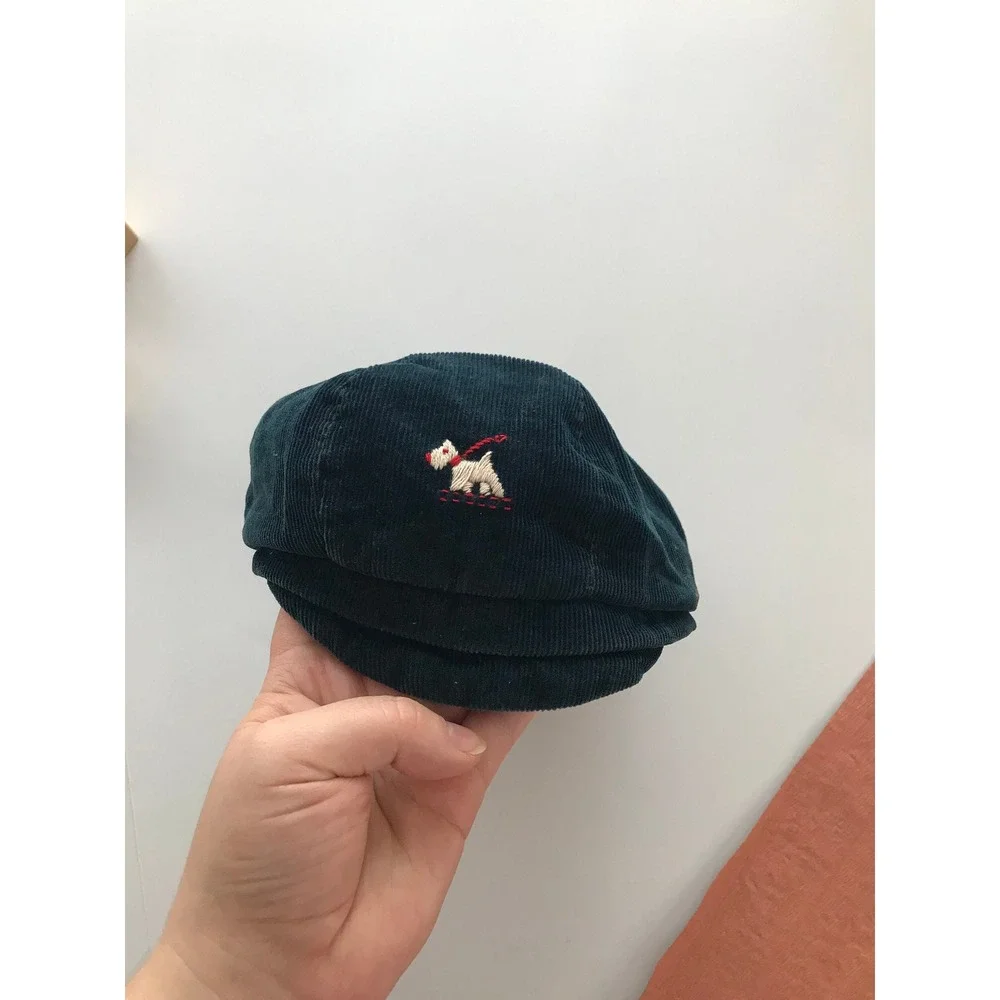 Vintage 50s Newsboy Cap‎ Dark Blue Corduroy Embroidered Dog Kids Flat Hat